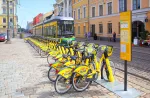 Tram and rental bicycle parking lot in Helsinki