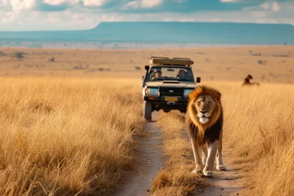 Jeep on a road in the savanna watching a lion walking in front of them. Safari concept, vacations