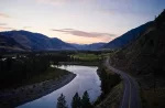 Road trip along the Crowsnest highway at sunset